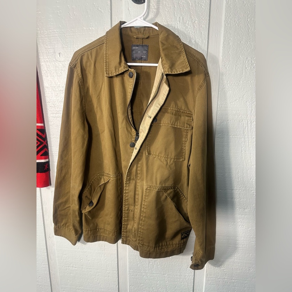 Zara Men’s Olive Green/Brown Full Zip Utility Jacket Size XL EUC